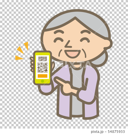 Pay QR settlement A smiley grandmother with a smartphone in one hand 54875933