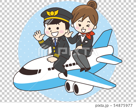 飛行機にまたがるパイロットの男性とcaの女性のイラスト素材