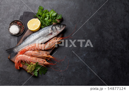 Fresh seafood. Trout fish and langostino shrimps Fresh seafood. Trout fish and langostino shrimps 54877124