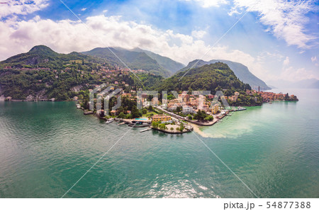 Beautifull aerial panoramic view from the drone to the Varenna - famous old Italy town on bank of 54877388