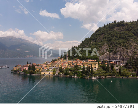 Beautifull aerial panoramic view from the drone to the Varenna - famous old Italy town on bank of Beautifull aerial panoramic view from the drone to the Varenna - famous old Italy town on bank of 54877391