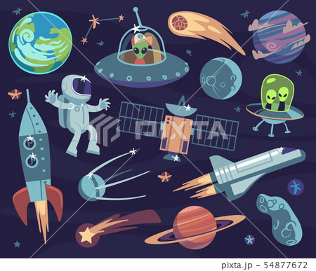 Cartoon Space Set Cute Astronauts And Ufo のイラスト素材