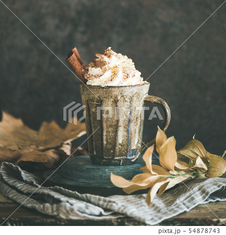 Hot chocolate with whipped cream and cinnamon 54878743