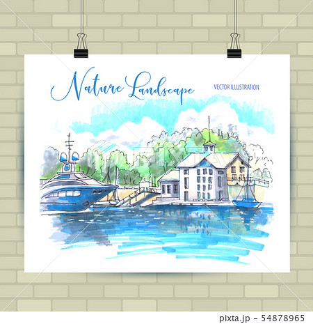 Sketching illustration in vector format. Poster with beautiful seascape . Hand drawn illustration. 54878965