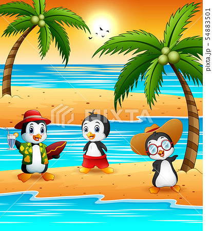 Cute cartoon penguins in summer holiday Cute cartoon penguins in summer holiday 54883501