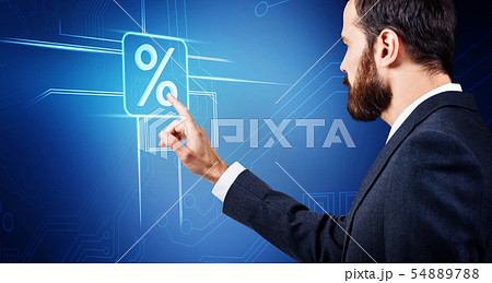 Rear view on businessman touches virtual percent. 54889788