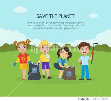 Save the Planet Banner, Landing Page Template, Children Gathering Garbage and Plastic Waste for 54890387