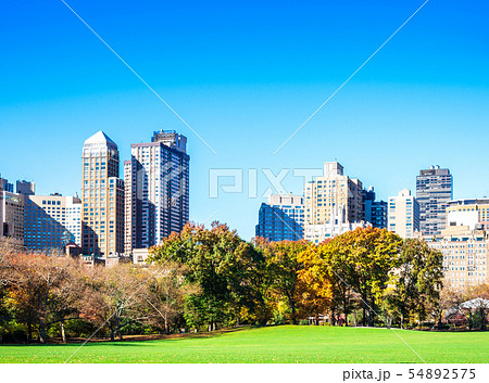 秋のニューヨーク セントラル パークとマンハッタンの摩天楼の写真素材
