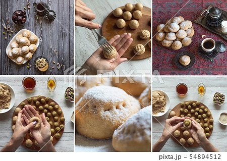 Collage of preparation Ramadan sweets Kahk El Eid 54894512