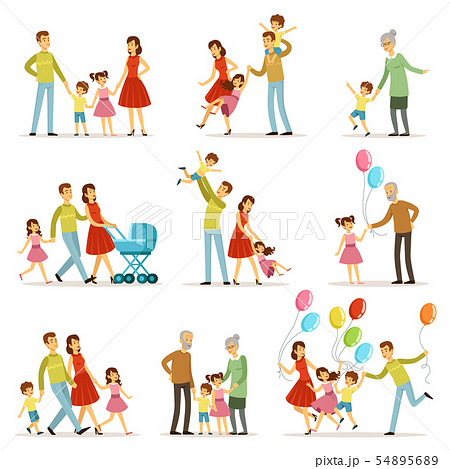 Big happy family with mother, father, grandmother and grandfather. Two smiling kids. Vector 54895689