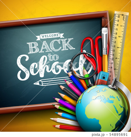 Back to school design with globe, magnifying glass, scissors, ruler and typography letter on yellow 54895691