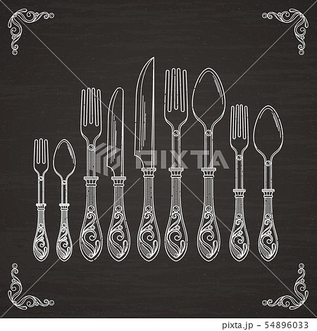 Vector pictures of spoon, fork and knife. Tableware hand drawing silhouette on black chalkboard 54896033