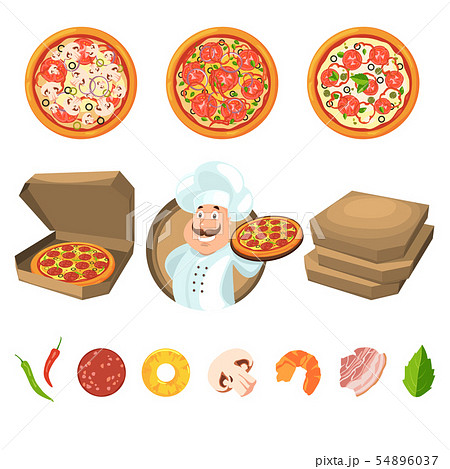 Fast food for party or italian lunch. Pizza with cheese and vegetables. Vector illustration in 54896037
