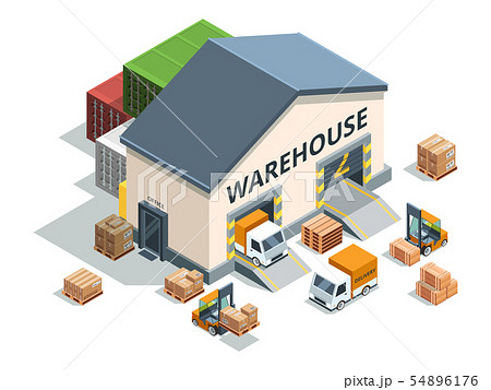 Warehouse building, trucks and load machines. Different pallets and boxes. Logistics vector Warehouse building, trucks and load machines. Different pallets and boxes. Logistics vector 54896176