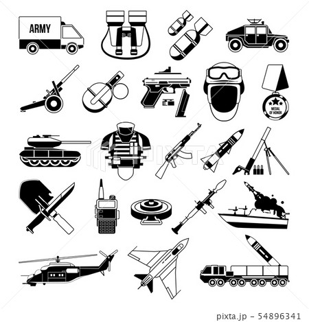 War monochrome icons set. Silhouette of military pictures. Battleship, soldiers, trucks, and War monochrome icons set. Silhouette of military pictures. Battleship, soldiers, trucks, and 54896341