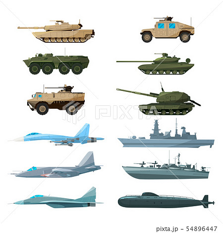 Naval vehicles, airplanes and different warships. Illustrations of artillery, battle tanks and 54896447