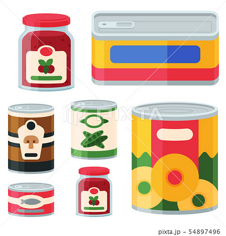 Collection of various tins canned goods food metal and glass container vector illustration. 54897496