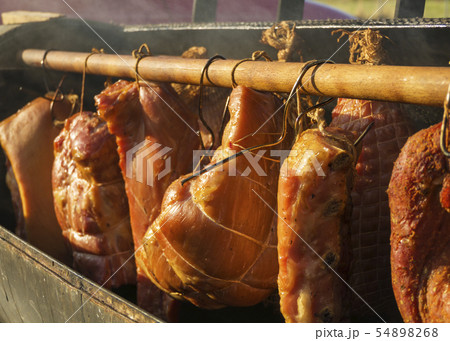various homemade smoked meat during smoking 54898268