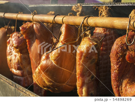 various homemade smoked meat during smoking various homemade smoked meat during smoking 54898269