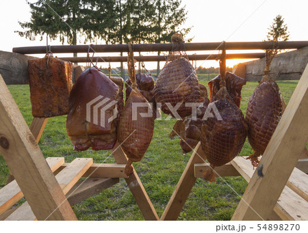 homemade smoked various meat drying after smoking 54898270