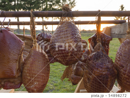 homemade smoked various meat drying after smoking 54898272