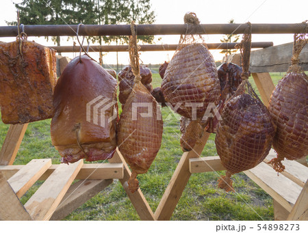 homemade smoked various meat drying after smoking 54898273