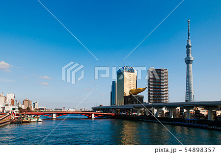 Asahi Beer Hall Tower against blue sky, Japan 54898357