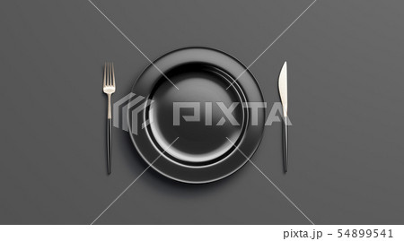 Blank black plate mockup with fork and knife, top Blank black plate mockup with fork and knife, top 54899541