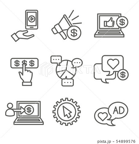 Social Media Ads Icon Set with video ads, user 54899576
