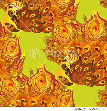 Peacock bird with fully fanned golden orange tail. Peacock bird with fully fanned golden orange tail. 54899808