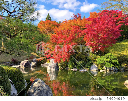 三景園の紅葉の写真素材