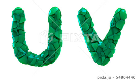Letter set U, V made of 3d render plastic shards green color. 54904440