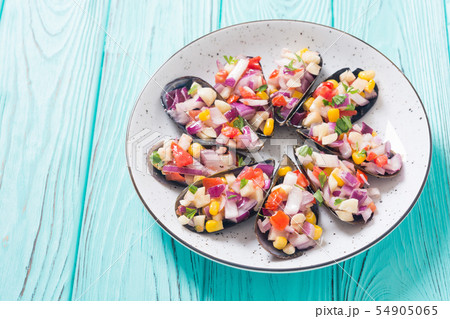 Traditional  Peruvian food background with mussels 54905065