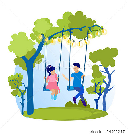 Brother and Sister Swinging on Swing Flat Cartoon - Stock Illustration  [54905257] - PIXTA