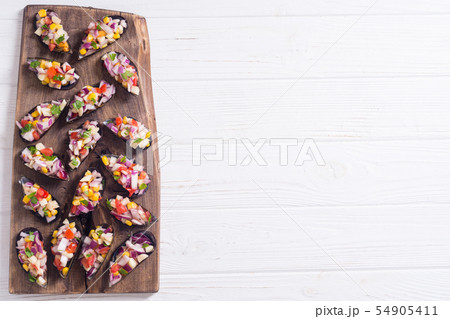 Traditional  Peruvian food background with mussels 54905411