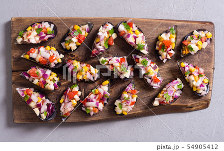 Traditional  Peruvian food background with mussels 54905412