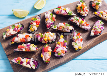 Traditional  Peruvian food background with mussels 54905414