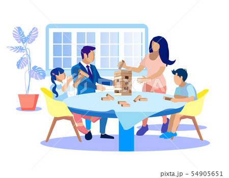 Happy Family Playing Jenga At Home Flat Cartoonのイラスト素材