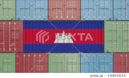 Container with flag of Cambodia. Cambodian goods related conceptual 3D rendering 54905654