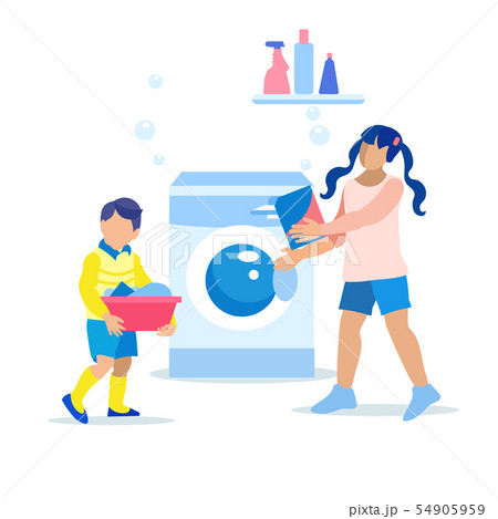 Children Load Laundry into Washing Machine Cartoon 54905959