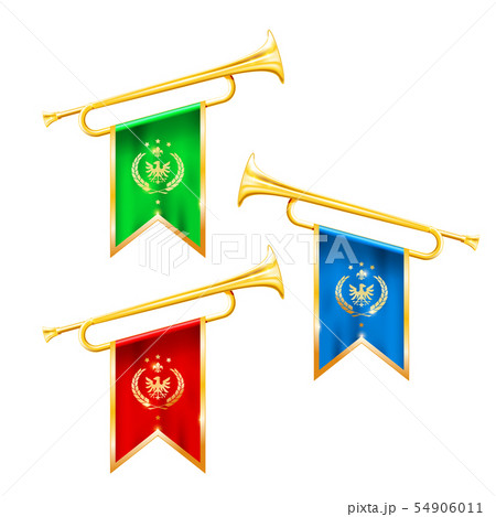 Fanfare trumpets with flags, glory and fame Fanfare trumpets with flags, glory and fame 54906011