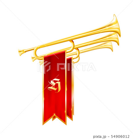 Vintage trumpets or bugles with flags - fanfare of Vintage trumpets or bugles with flags - fanfare of 54906012