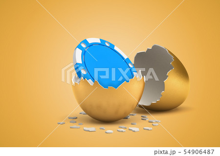 3d rendering of blue casino chip that just hatched out from golden egg. 3d rendering of blue casino chip that just hatched out from golden egg. 54906487