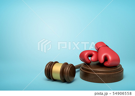 3d rendering of red boxing gloves on round wooden block and brown wooden gavel on blue background 54906558