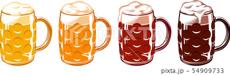 Set of types of beer for Oktoberfest in dimpled glass mugs. Light, pilsner, wheat, white, lager, ale, cold, red, marzen, pale, bock, brown, porter, dark, stout. Vector hand drawn illustration 54909733