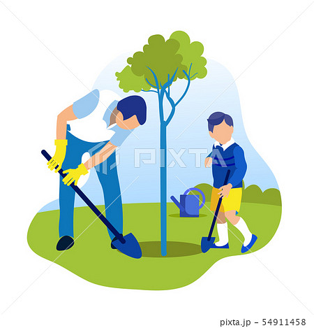 Cartoon Father and Son Planting Tree Together 54911458