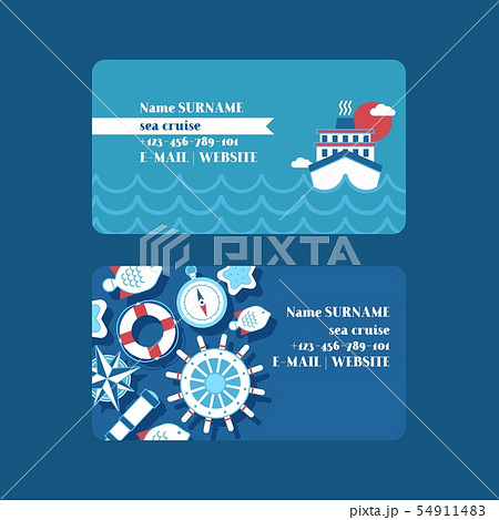 Sea cruise adventure set of business cards vector illustration. Nautical collection of things such 54911483