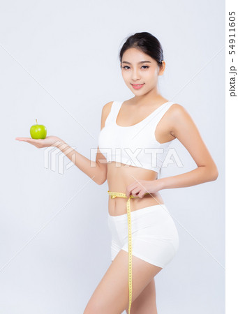 Beautiful asian woman diet and slim with measuring 54911605