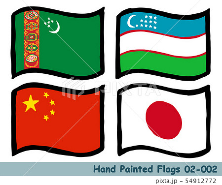 手描きの旗アイコン,トルクメニスタンの国旗,ウズベキスタンの国旗,中国の国旗,日本の国旗