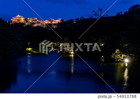 沖縄 首里城の夜景 龍潭池ごし ライトアップ 沖縄 首里城の夜景 龍潭池ごし ライトアップ 54913788